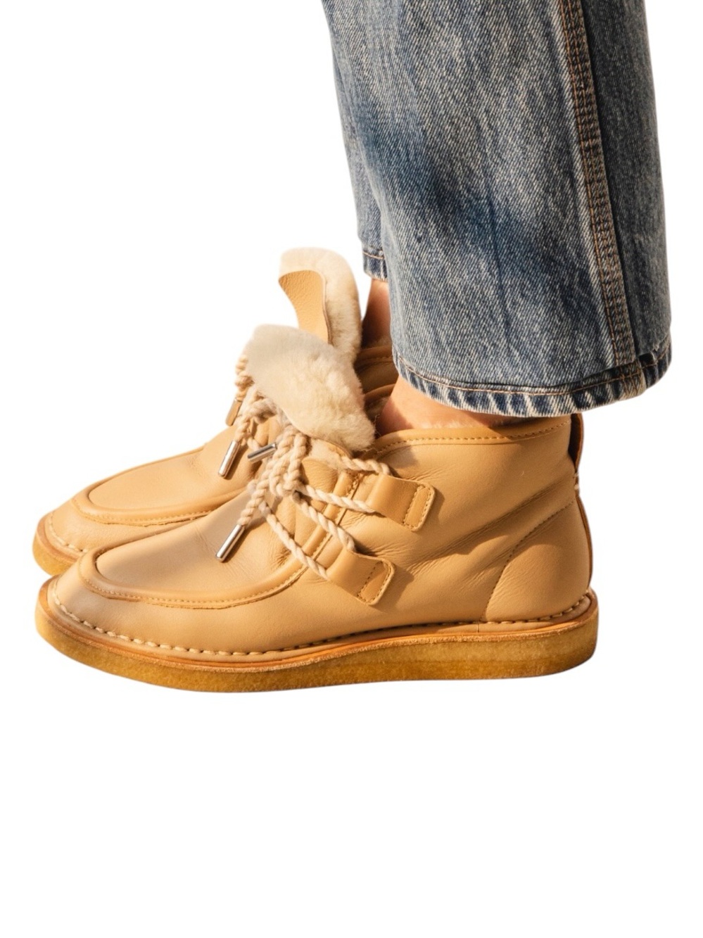 Either/Or The Shearling Lace Up Ankle Boots Vanilla Leather US 11 - Picture 2 of 9